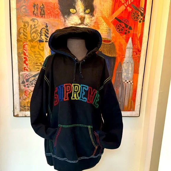 SUPREME black Rainbow Logo stitch hoodie sweatshirt front pouch pocket sz  large